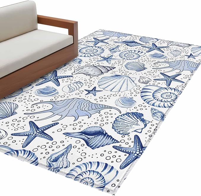 Area Rug 3x5ft, Navy Blue Starfish Conch Shell Seamless Washable Rugs for Living Room Bedroom, Summer Ocean Bubbles Soft Non-Slip Area Rugs Rectangle Floor Carpet for Dining Room