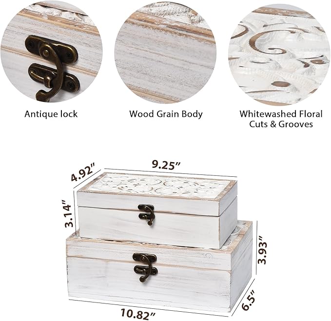 DECOR4SEASON White Wooden Storage Box Set of 2 - Distressed White-Washed Decorative Boxes with Hinged Lids - Hand Carved Solid Pine Organizer for Jewelry, Keepsakes, and Shabby Chic Home Décor