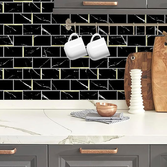 DÉCOR WOW Peel & Stick Backsplash for Kitchen & Bathroom Black Marble Subway with Gold, 1 sq ft (8-Pack)