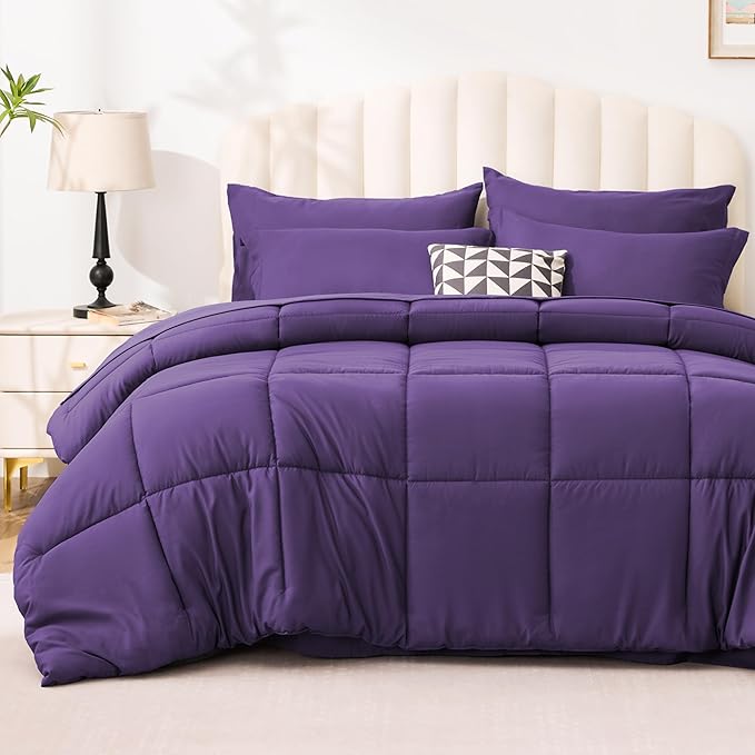 Love's cabin Twin Comforter Set Dark Purple, 5 Pieces Twin Bed in a Bag, All Season Bedding Sets with 1 Comforter, 1 Flat Sheet, 1 Fitted Sheet, 1 Pillowcase and 1 Pillow Sham | Soft, Breathable, Lightweight, Comfortable