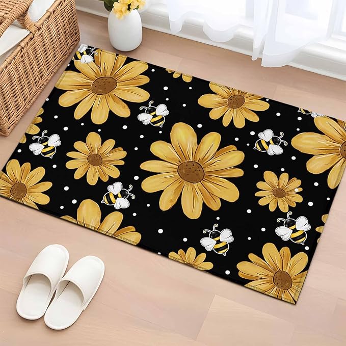 Area Rug 2x3ft, Summer Daisy Flower Bee on Black Washable Rugs for Living Room Bedroom, Spring Watercolor Floral Soft Non-Slip Area Rugs Rectangle Floor Carpet for Dining Room