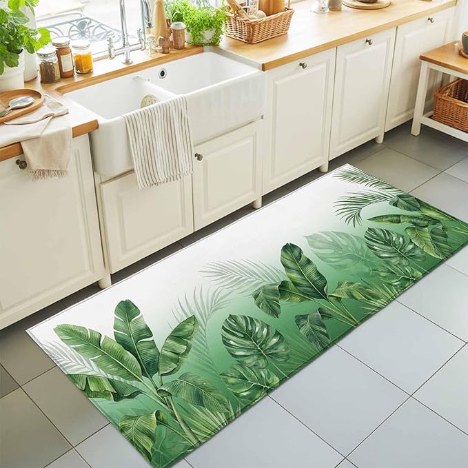 Runner Rug for Bedroom Hallway, Botanical Rainforest Plants Kitchen Runner Rugs Area Rug 2x6ft, Watercolor Tropical Banana Leaves Washable Soft Floor Carpet for Entryway Stair