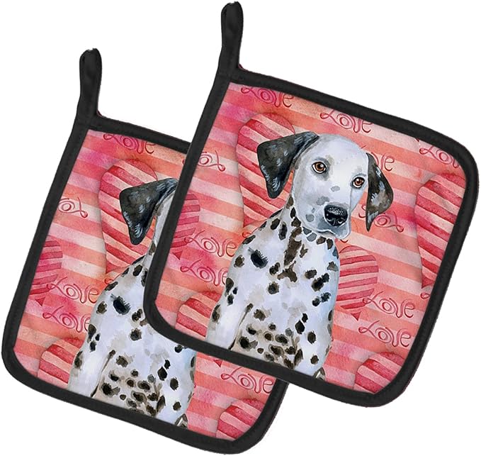 Caroline's Treasures BB9795PTHD Dalmatian Puppy Love Pair of Pot Holders, Red Kitchen Heat Resistant Pot Holders Sets Oven Hot Pads for Cooking Baking BBQ, 7 1/2 x 7 1/2