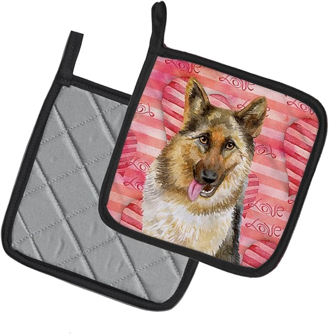 Caroline's Treasures BB9741PTHD German Shepherd Love Pair of Pot Holders, Red Kitchen Heat Resistant Pot Holders Sets Oven Hot Pads for Cooking Baking BBQ, 7 1/2 x 7 1/2