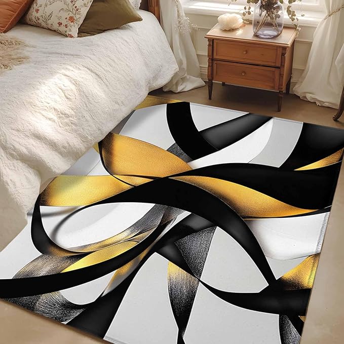 Area Rug 4x6ft, Modern Geometric Stripe Texture Washable Rugs for Living Room Bedroom, Abstract Gold Black White Line Soft Non-Slip Area Rugs Rectangle Floor Carpet for Dining Room