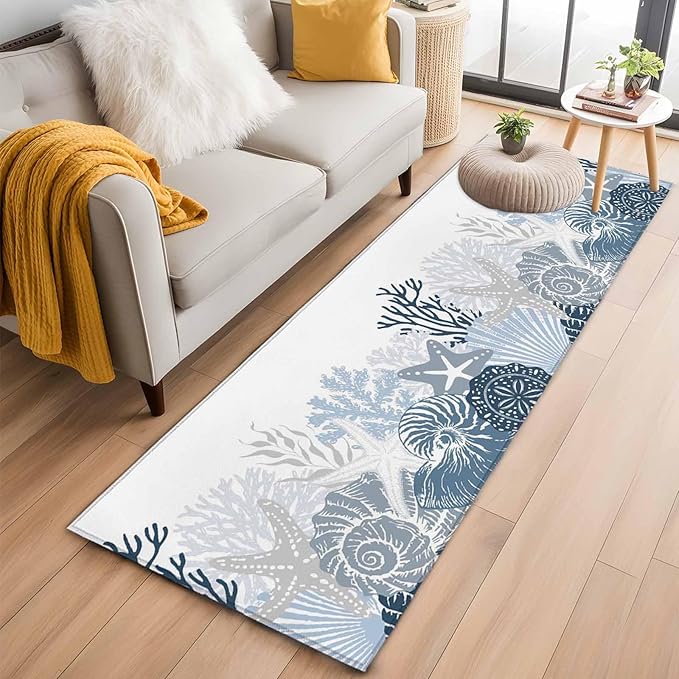 Runner Rug for Bedroom Hallway, Underwater Blue Shells Starfish Coral Kitchen Runner Rugs Area Rug 2x6ft, Summer Botantical Washable Soft Floor Carpet for Entryway Stair