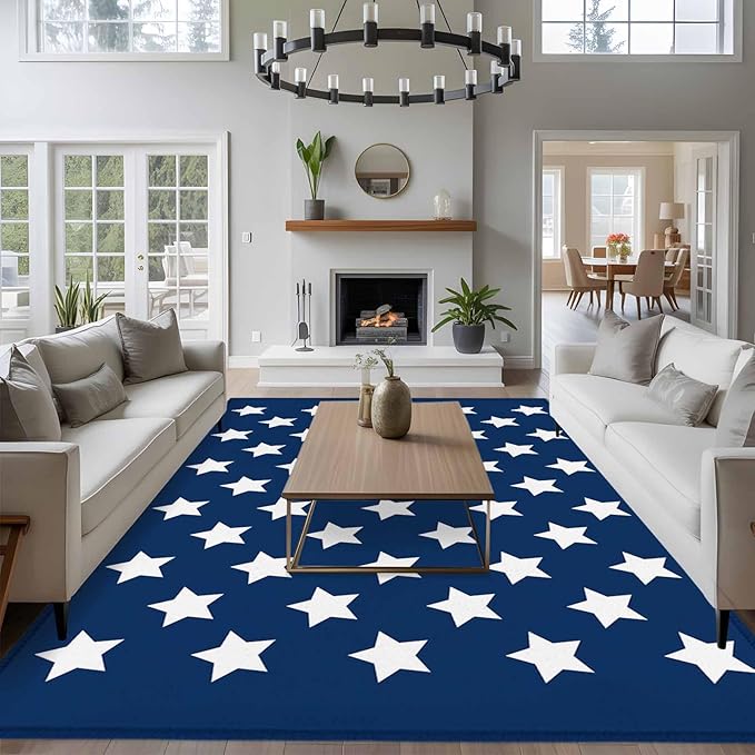 Area Rug 6x9ft, 4th of July White Star on Navy Blue Washable Rugs for Living Room Bedroom, Independence Freedom Liberty Soft Non-Slip Area Rugs Rectangle Floor Carpet for Dining Room