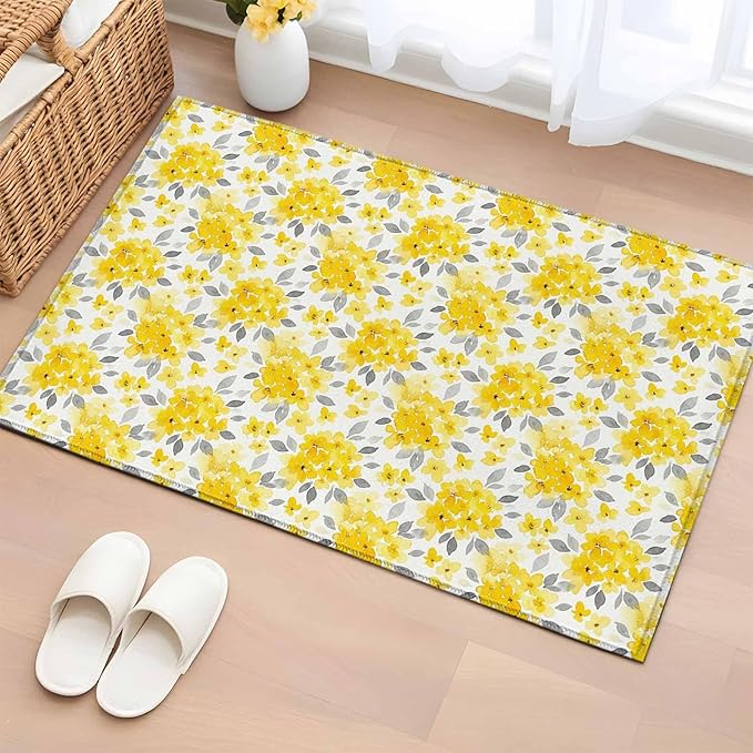 Area Rug 2x3ft, Summer Pastoral Yellow Flower Washable Rugs for Living Room Bedroom, Country Floral Leaf Theme Soft Non-Slip Area Rugs Rectangle Floor Carpet for Dining Room