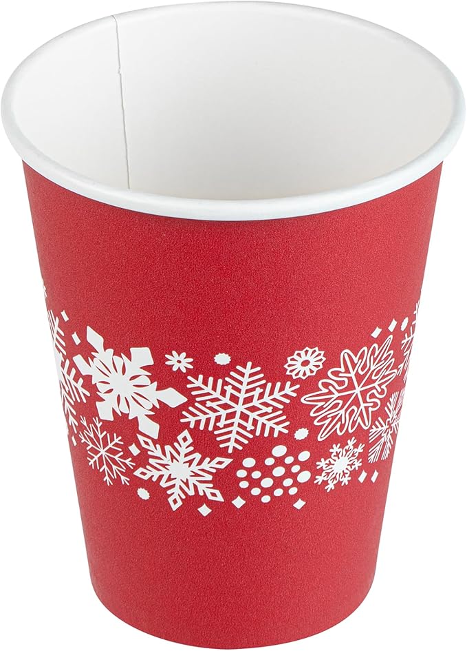 Restaurantware-Restpresso 12 Ounce Disposable Drinking Cups, 20 Hot Cups With Plastic Lids - Snowflake Design, Rolled Rim, Red Paper Coffee Cups, For Christmas Parties, Serve Hot And Cold Drinks