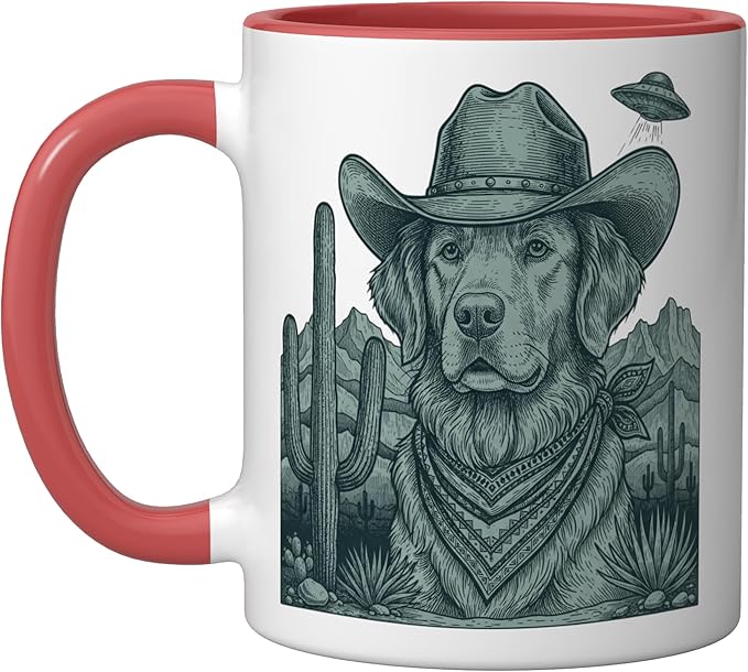Cowboy Golden Retriever With Ufo Western Dog Art Ceramic Mug, Red/White