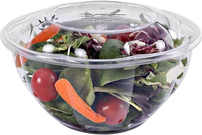 ECO PRODUCTS Compostable Clear PLA Plastic 32oz Salad Bowl With Lid, Case of 150, Grab 'n' Go Round Cold Takeout Food Containers, Renewable Plant-Based, Disposable, ASTM Compliant, BPI-Certified
