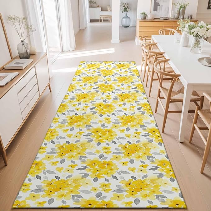 Runner Rug for Bedroom Hallway, Summer Pastoral Yellow Flower Kitchen Runner Rugs Area Rug 2x6ft, Country Floral Leaf Theme Washable Soft Floor Carpet for Entryway Stair