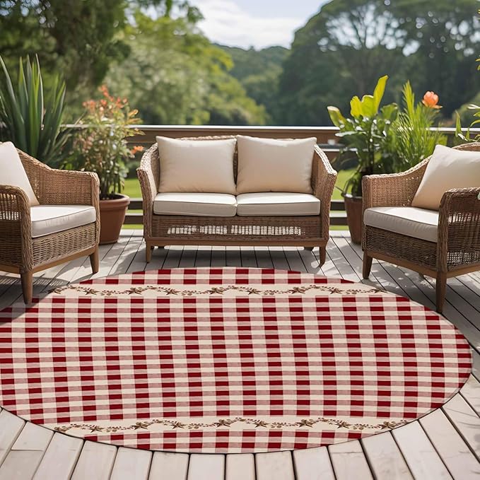 Washable Round Area Rug Vintage Red Buffalo Plaid Berry Circle Rugs Floor Carpet for Living Room Bedroom, Farmhouse Western Star Soft Non Slip Round Rug 5ft