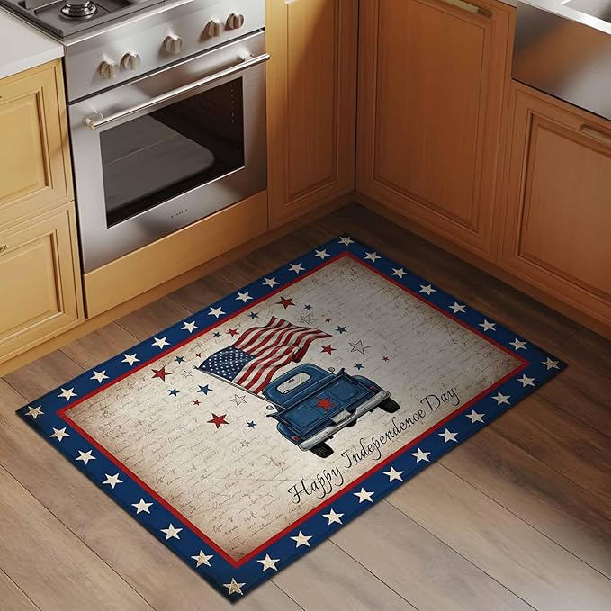 Area Rug 2x3ft, Happy Independence Day USA Flag Washable Rugs for Living Room Bedroom, Retro Blue Truck Soft Non-Slip Area Rugs Rectangle Floor Carpet for Dining Room