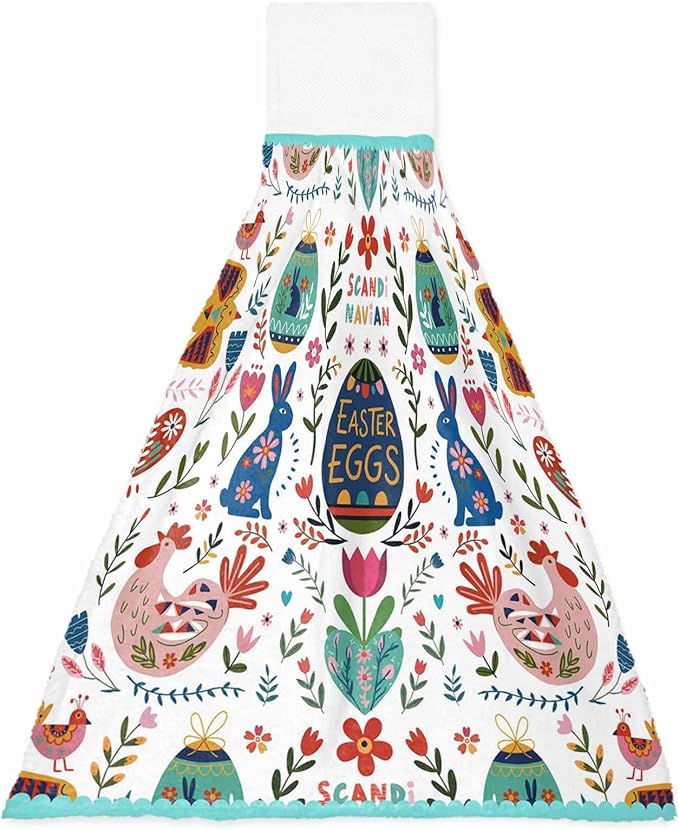 Alandar Home Kitchen Tie Towel Set of 1, Bohemian Ethnic Easter Eggs Blossom Flowers Bunny Absorbent Soft Hand Towels for Bathroom Hanging Towels, Tribe Boho Fast Drying Cleaning Cloth with Loop