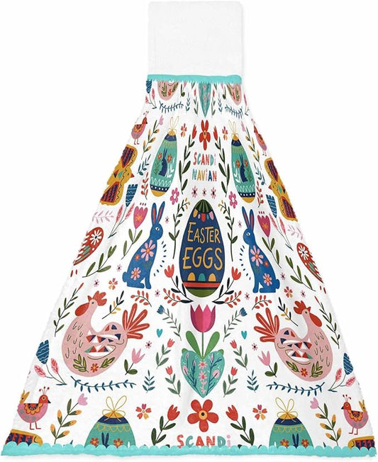 Alandar Home Kitchen Tie Towel Set of 1, Bohemian Ethnic Easter Eggs Blossom Flowers Bunny Absorbent Soft Hand Towels for Bathroom Hanging Towels, Tribe Boho Fast Drying Cleaning Cloth with Loop