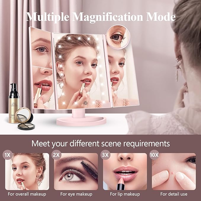 HUONUL Makeup Mirror, Vanity Mirror with Lights, 2X/3X/10X Magnification, Touch Control, Trifold Mirror, Dual Power Supply, Mothers Day for Mom Gifts,Gifts for Women, Wife, Mom, Teengirls