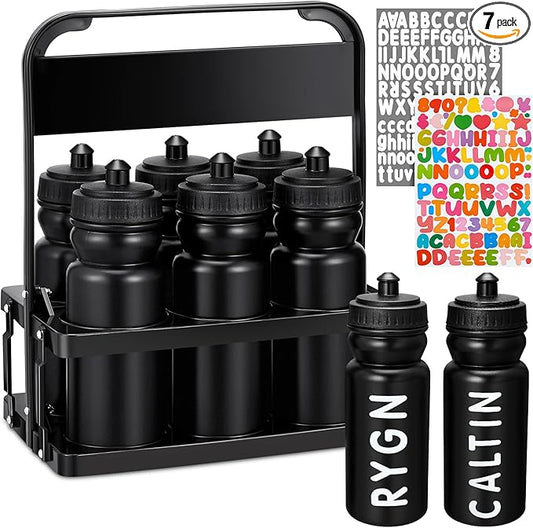 Suclain Water Bottle Carrier with 20 Oz Bottles and Stickers Plastic Wide Mouth Sports Water Bottle Squeeze Team Bottles with Black Lid for Fitness Bike Gym(7 Pcs,Black)