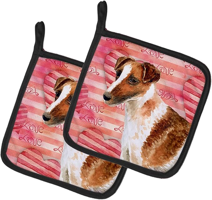 Caroline's Treasures BB9734PTHD Smooth Fox Terrier Love Pair of Pot Holders, Red Kitchen Heat Resistant Pot Holders Sets Oven Hot Pads for Cooking Baking BBQ, 7 1/2 x 7 1/2