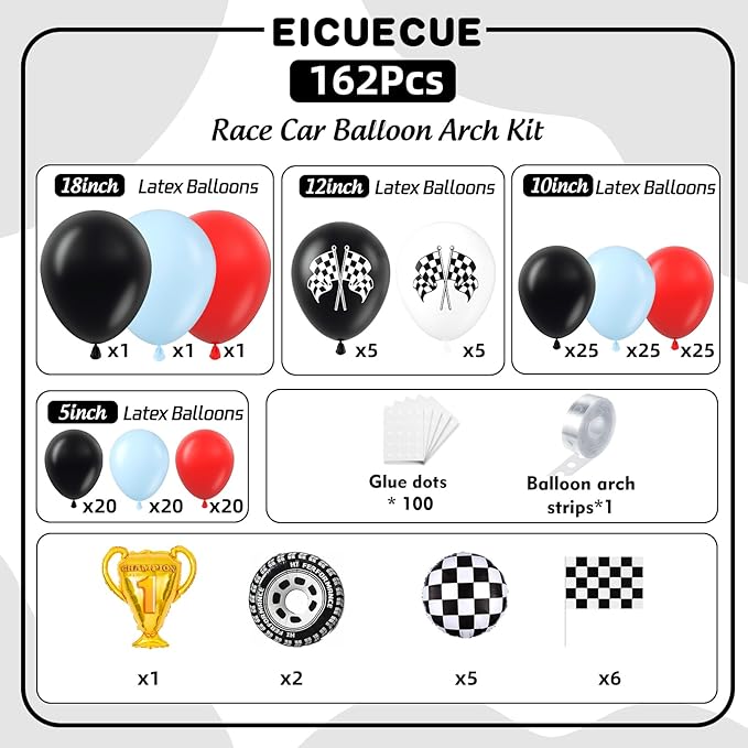 Race Car Balloons Arch Kit -162Pcs Trophy, Flags, Tire, Checkered, Wheels and Red Black Blue Balloon Garland Kit for Racing Car Theme Two Fast 2nd One Theme 1st Boy Birthday Party Decorations