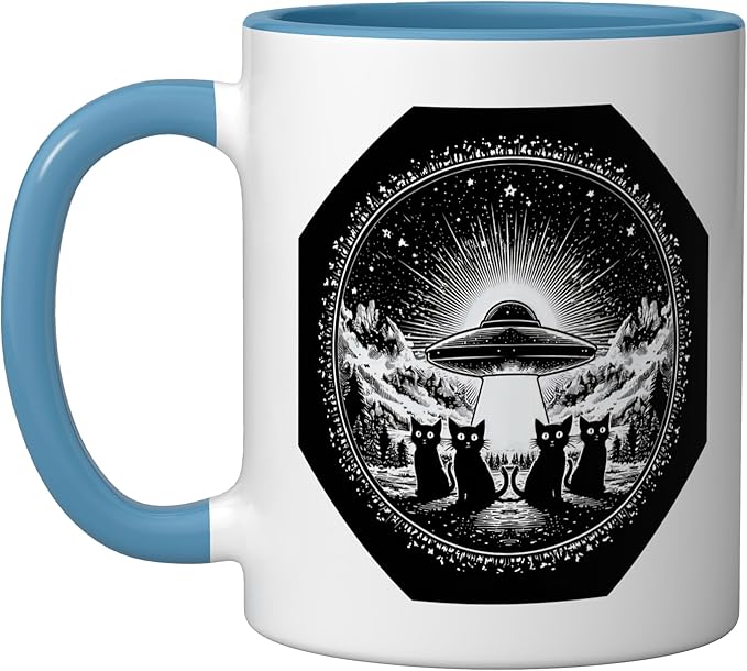 Retro UFO Cats Vintage Sci Fi Space Stary Sky Design Ceramic Mug, Blue/White