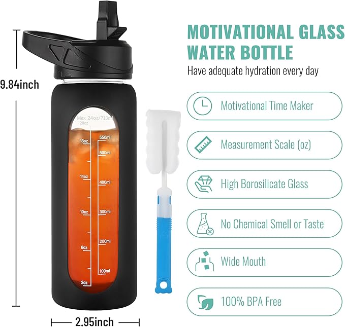 CIVAGO 24 oz Glass Water Bottle with Straw and Handle, Large Sports Motivational Water Bottle Flask with Time Marker and 2 Lids, Leakproof Jug Canteen with Silicone Sleeve for Gym, Black