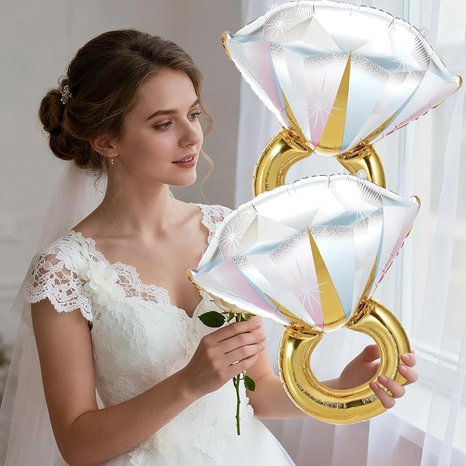 4 Pcs Diamond Ring Balloon, Huge Glitter Aluminum Foil Ring Balloons for Bridal Shower, Wedding, Anniversary, Bachelorette, Engagement Party Decorations Supplies