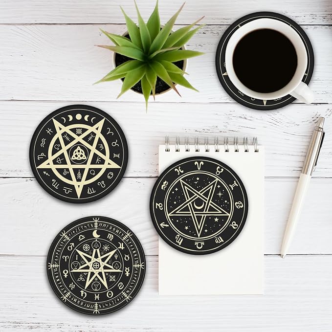 Celtic Wiccan Magic Pentagrams Leather Drinks Coasters with Holder, Set of 6, Suitable for Various Cups