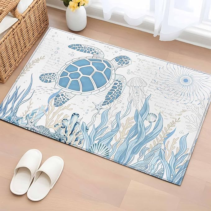 Area Rug 2x3ft, Blue Sea Turtles Stars Corals Washable Rugs for Living Room Bedroom, Vintage Marine Life Soft Non-Slip Area Rugs Rectangle Floor Carpet for Dining Room