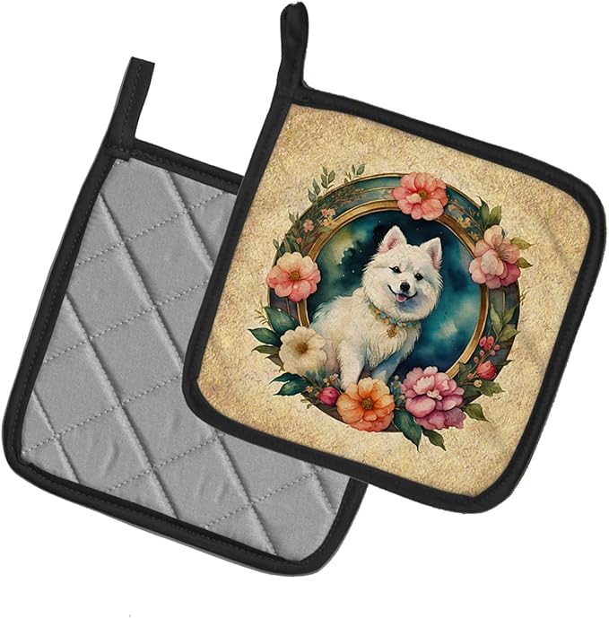Caroline's Treasures Japanese Spitz and Flowers Pair of Pot Holders Kitchen Heat Resistant Pot Holders Sets Oven Hot Pads for Cooking Baking BBQ, 7 1/2 x 7 1/2