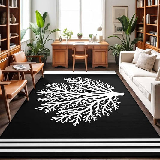 Area Rug 3x5ft, Coastal Coral Reef Texture Washable Rugs for Living Room Bedroom, Ocean Theme Black White Soft Non-Slip Area Rugs Rectangle Floor Carpet for Dining Room