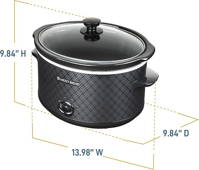 West Bend Slow Cooker 4-Quart Manual Crockery Style with Dishwasher Safe Oval Ceramic Crockpot and Glass Lid Two Temperature Settings Plus Keep Warm, 210-Watts, Black
