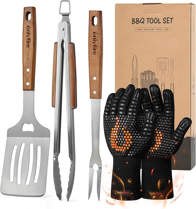 onlyfire Grill Tool Set Stainless Steel Griddle Accessories for Outdoor Camp Chef, Multifunctional Grill Utensil Set Including Grill Spatula, Meat Fork, Barbecue Tong and BBQ Gloves - Set of 5