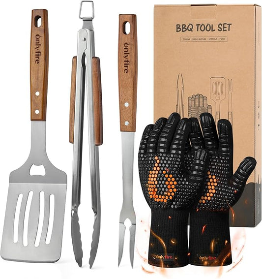 onlyfire Grill Tool Set Stainless Steel Griddle Accessories for Outdoor Camp Chef, Multifunctional Grill Utensil Set Including Grill Spatula, Meat Fork, Barbecue Tong and BBQ Gloves - Set of 5