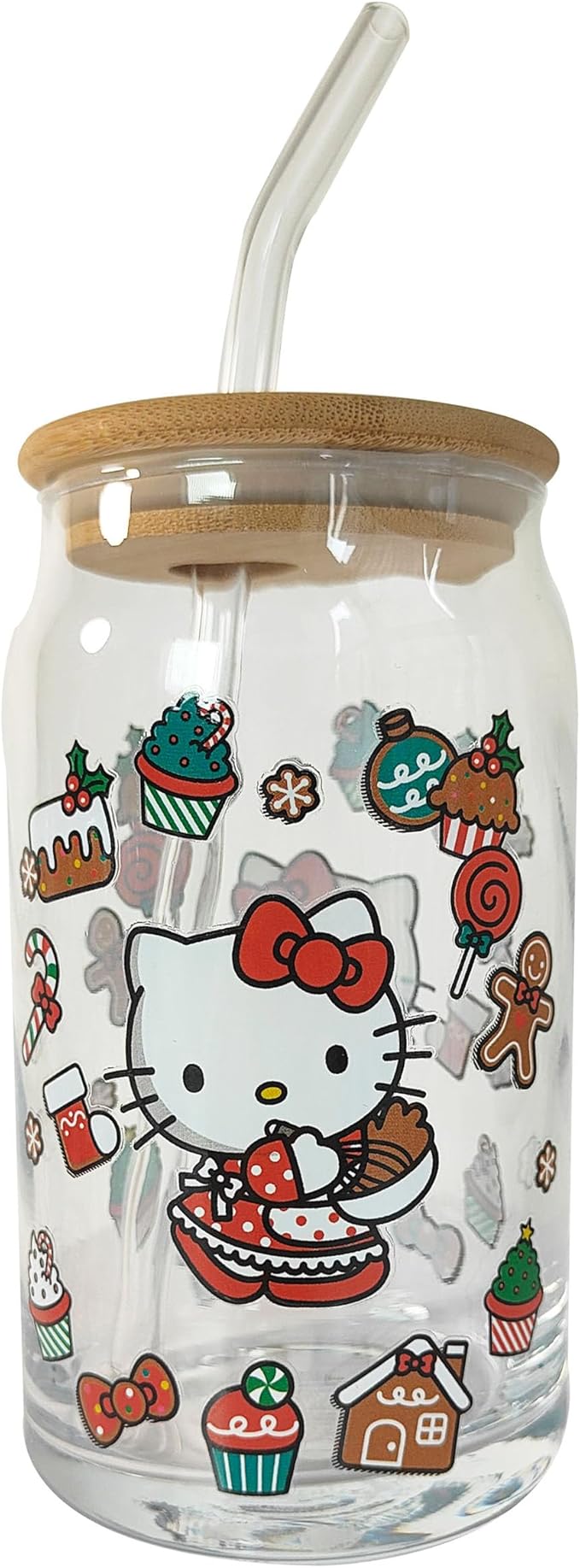 Silver Buffalo Sanrio Hello Kitty Sweet Christmas Holiday Desserts and Gingerbread Houses Glass Jar Tumbler with Bamboo Lid and Glass Straw, 16 Ounces