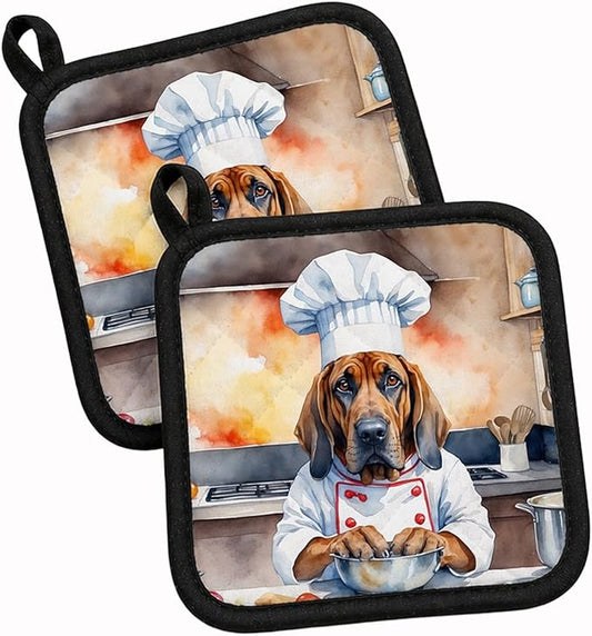 Caroline's Treasures Bloodhound The Chef Pair of Pot Holders Kitchen Heat Resistant Pot Holders Sets Oven Hot Pads for Cooking Baking BBQ, 7 1/2 x 7 1/2