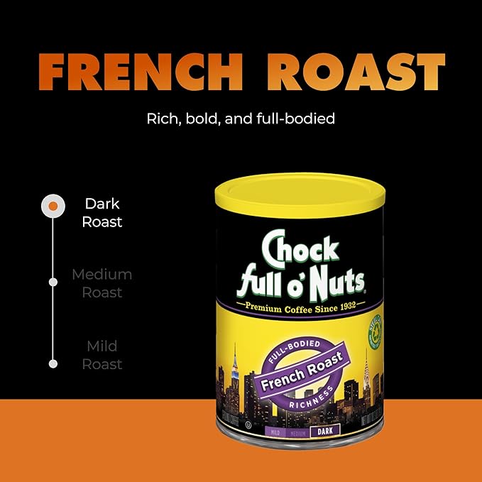 Chock Full o' Nuts French Roast Ground Coffee – Premium Beans in Recyclable Steel Can – Rich Flavor & Aroma, Dark Roast – Perfect for Drip, Pour-Over, Percolator – 10.3 Oz Can