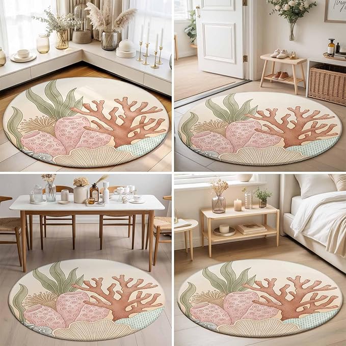 Washable Round Area Rug Ocean Coral Seaweed Shell Reef Circle Rugs Floor Carpet for Living Room Bedroom, Watercolor Marine Theme Soft Non Slip Round Rug 3ft