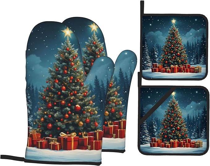 Christmas Winter Oven Mitts & Potholder Set of 4 - Heat Resistant Kitchen Gloves Hot Pads for Baking, Cooking, Gifts for Women