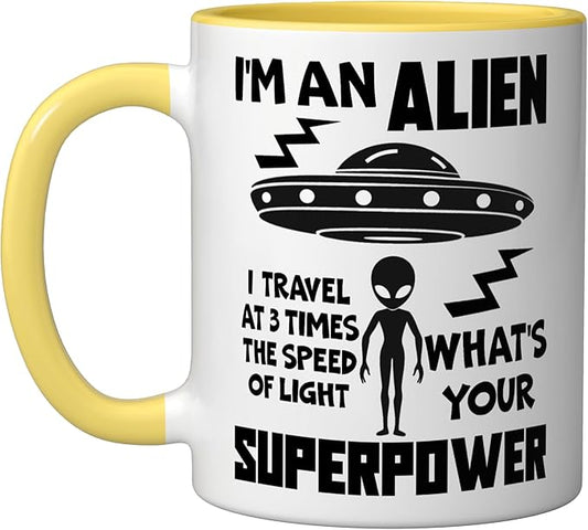 I'm An Alien Silhouette First Contact Space Apparel Ceramic Mug, Yellow/White
