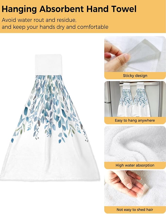 Alandar Home Kitchen Tie Towel Set of 1, Pastoral Blue Eucalyptus Leaves Absorbent Soft Hand Towels for Bathroom Hanging Towels, Idyllic Botanical on White Fast Drying Cleaning Cloth with Loop