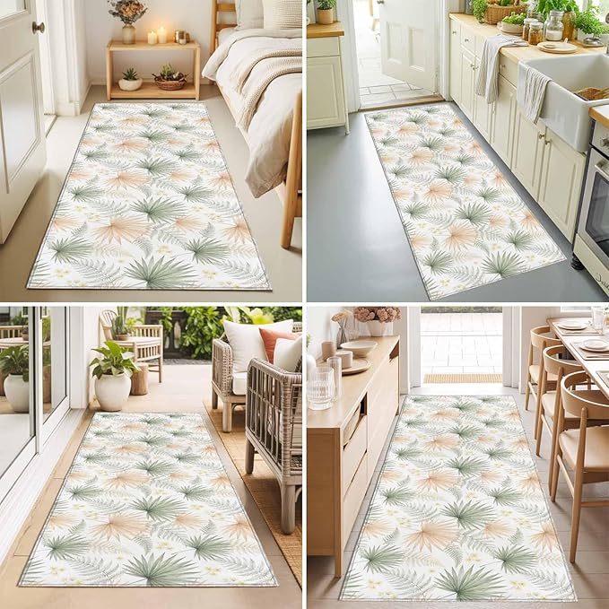 Runner Rug for Bedroom Hallway, Boho Tropical Palm Kitchen Runner Rugs Area Rug 2x6ft, Watercolor Seamless Background Washable Soft Floor Carpet for Entryway Stair