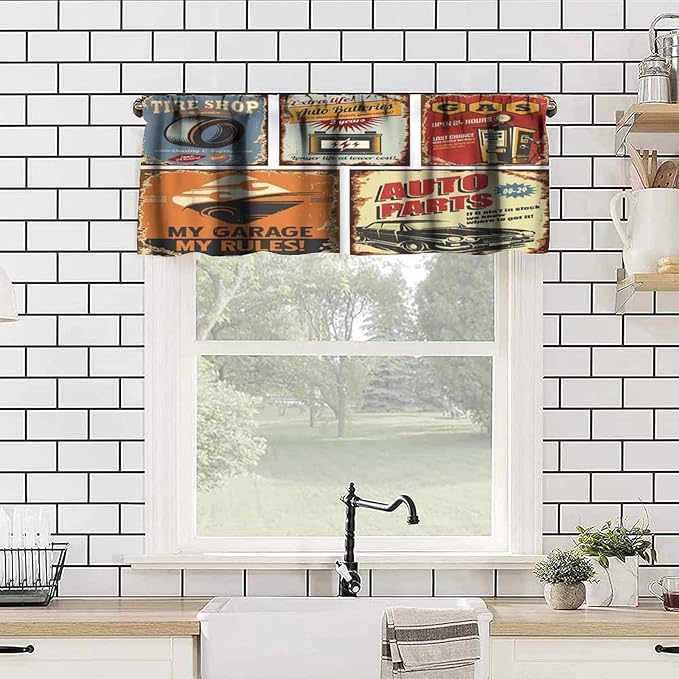 1950s Valance Curtain Vintage Car Metal Signs Automobile Advertising Repair Vehicle Garage Servicing Windows Curtain Valance for Kitchen Bedroom Bathroom Decor with Rod Pocket, 1 Panel 54X18 Inches