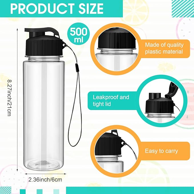 Mifoci 72 Pieces Water Bottle Bulk 17 oz Plastic Water Bottles Bulk Gym Sports Adults Reusable Large Bottles with Leak Proof Flip Top for Party Outdoor (Clear,Black)