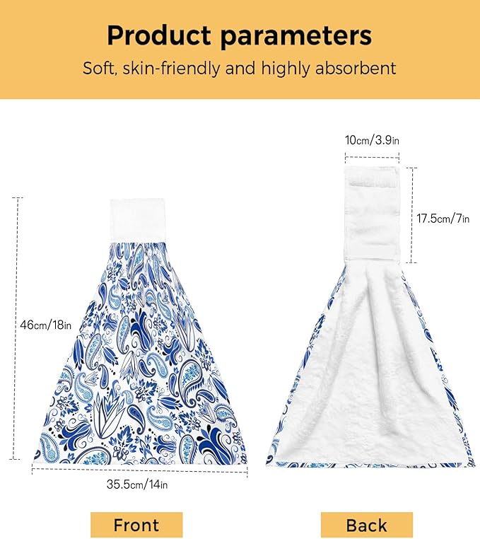 Alandar Home Kitchen Tie Towel Set of 1, Watercolor Paisley Bandanna Absorbent Soft Hand Towels for Bathroom Hanging Towels, Abstract Blue Flowers Fast Drying Cleaning Cloth with Loop