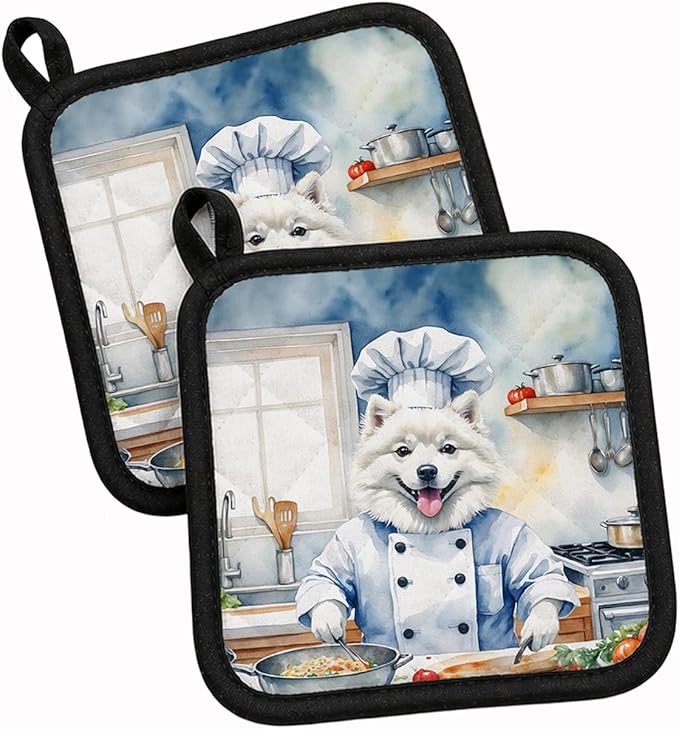Caroline's Treasures American Eskimo The Chef Pair of Pot Holders Kitchen Heat Resistant Pot Holders Sets Oven Hot Pads for Cooking Baking BBQ, 7 1/2 x 7 1/2
