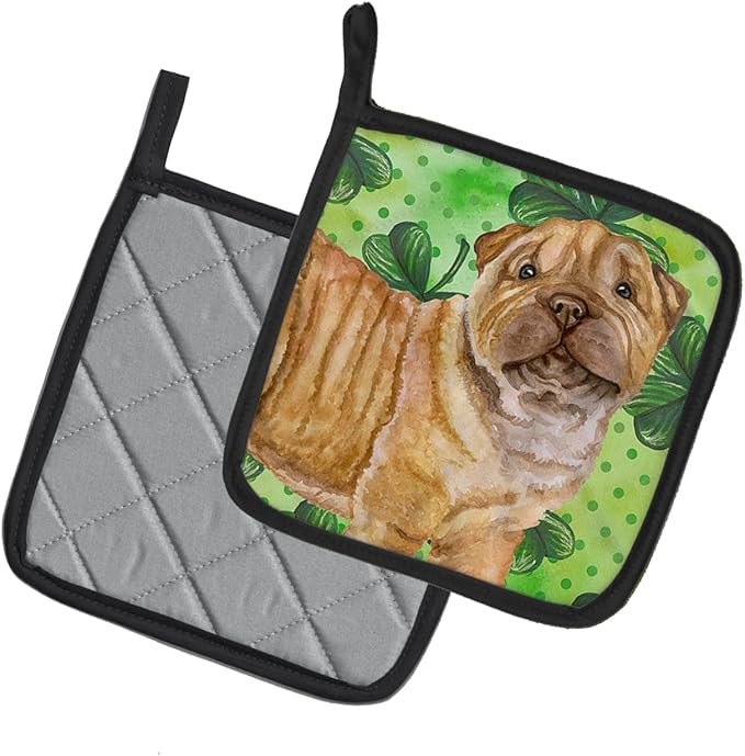 Caroline's Treasures BB9893PTHD Shar Pei Puppy St Patrick's Pair of Pot Holders, Green Kitchen Heat Resistant Pot Holders Sets Oven Hot Pads for Cooking Baking BBQ, 7 1/2 x 7 1/2