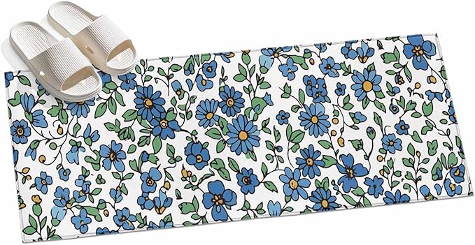 Runner Rug for Bedroom Hallway, Blue Tiny Flowers Green Leaves Kitchen Runner Rugs Area Rug 2x6ft, Farmhouse Botanical Washable Soft Floor Carpet for Entryway Stair
