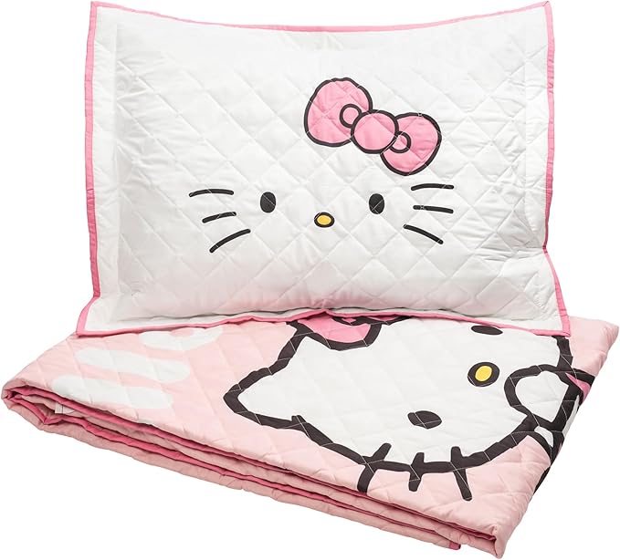 Jay Franco Hello Kitty Pink Stripes & Hearts Twin Size Quilt & Sham Set - Super Soft Lightweight Bedspread Set