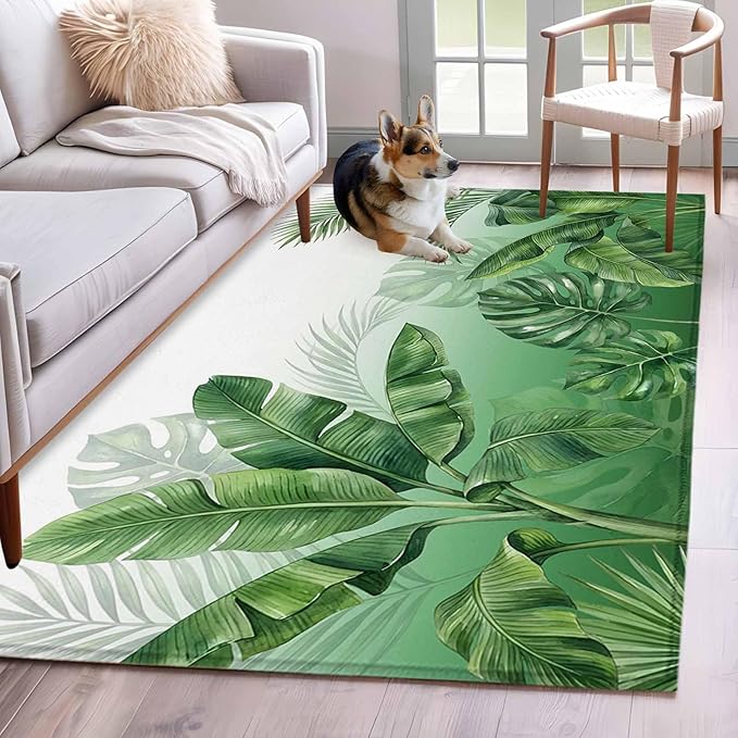 Area Rug 4x6ft, Botanical Rainforest Plants Washable Rugs for Living Room Bedroom, Watercolor Tropical Banana Leaves Soft Non-Slip Area Rugs Rectangle Floor Carpet for Dining Room